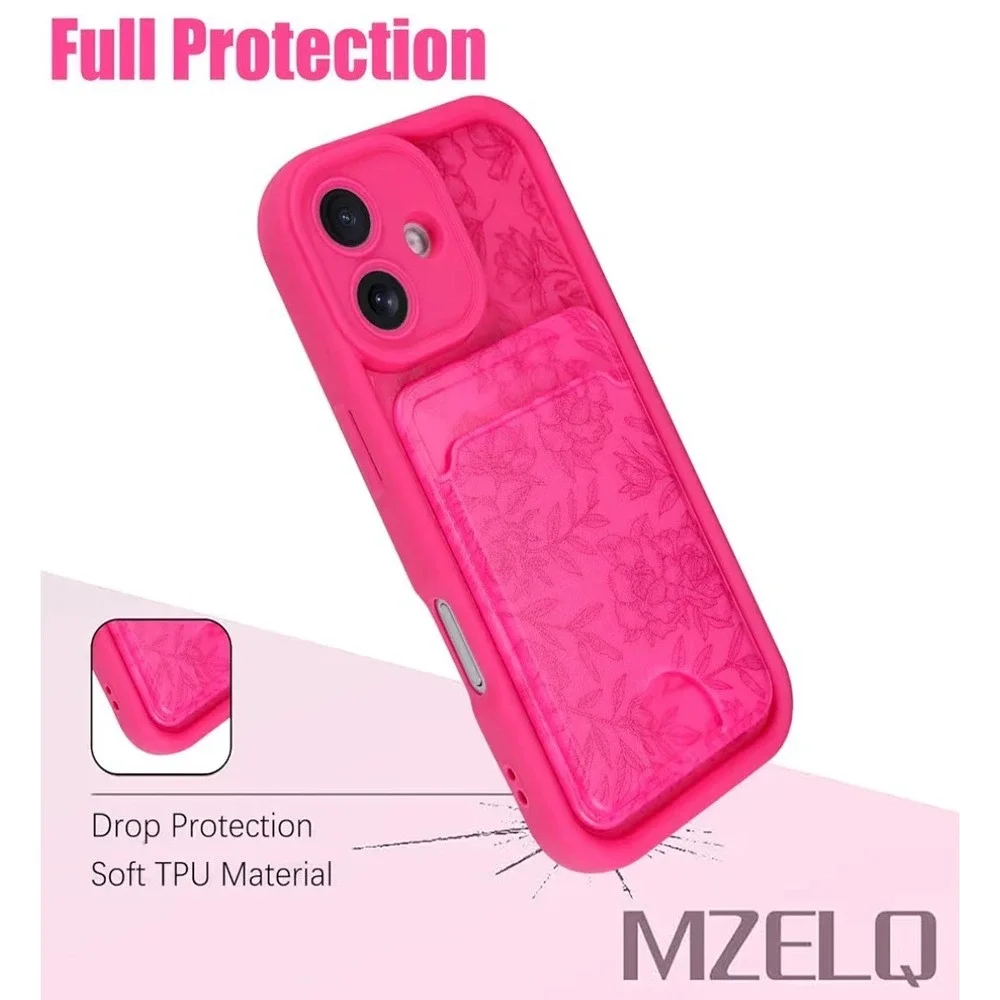 MZELQ iPhone‎ 16 Case Hot Pink Floral Embossed Wallet Card Holder TPU Cover 6.1